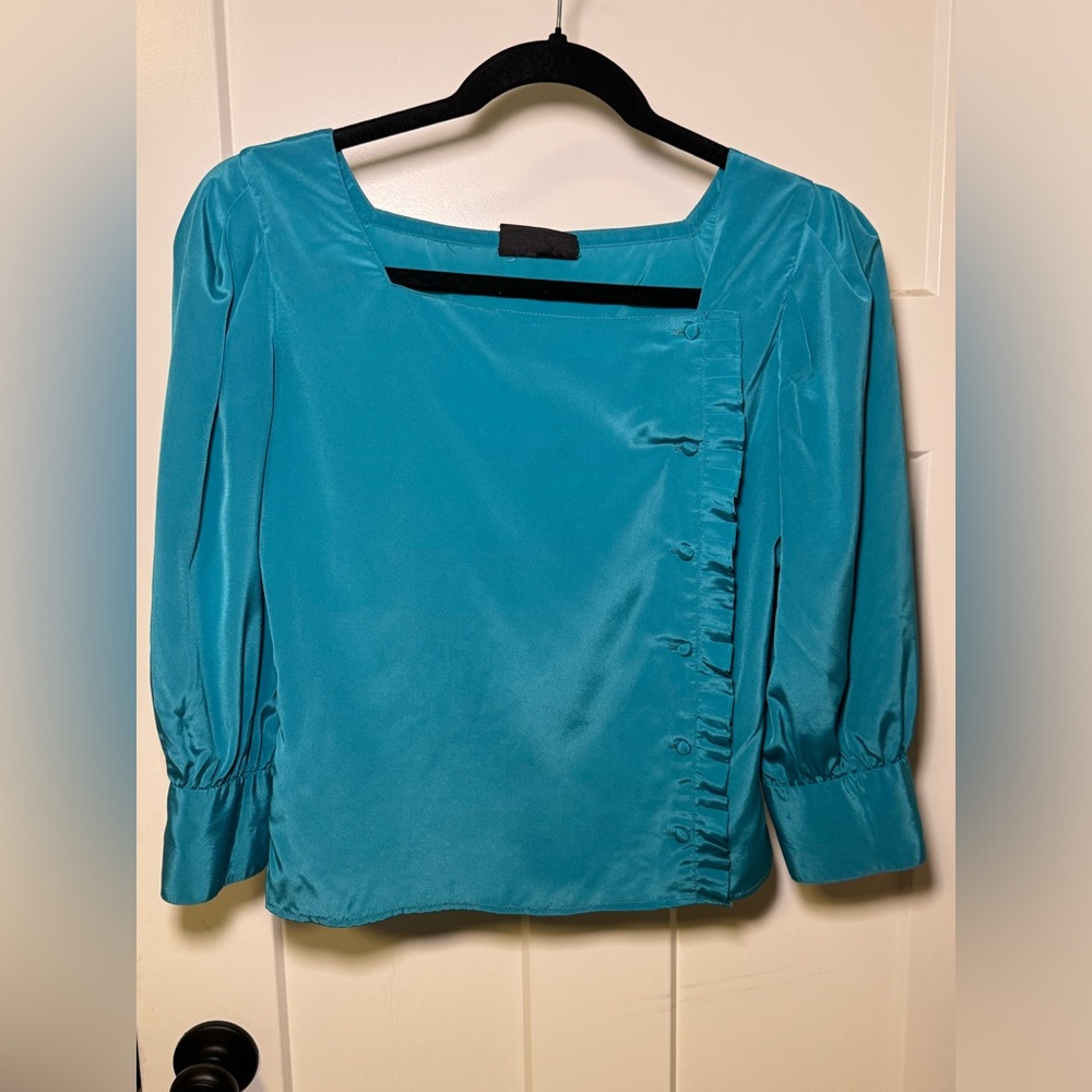 Turquoise Green Size Extra Small Blouse With Small Buttons and Ruffled Detail